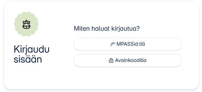 Novan kirjautumisikkuna, jossa vaihtoehtona kirjautua MPASSid:llä tai avainkoodilla